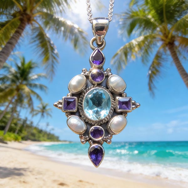 Stunning Sterling Silver Blue Topaz Iolite And Freshwater Pearl Pendant