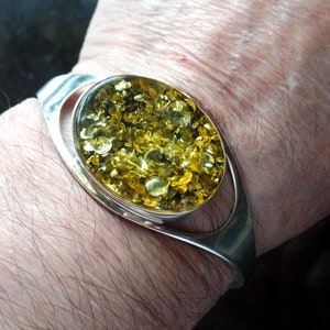 Very Chunky Sterling Silver and Baltic Green Amber Bangle 23.5g
