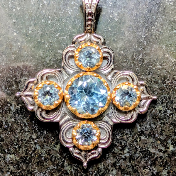Renaissance Style Style Sterling Silver and Blue Topaz Pendant December Birthstone Antique Oxidized Finish