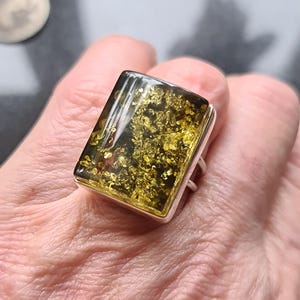 Adjustable Chunky Sterling Silver and Baltic Green Amber Statement Ring 13.9g one size fits all