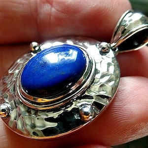 Arts & Crafts Style Hammered Sterling Silver and Lapis Lazuli Pendant Capricorn Birthstone 12.4g