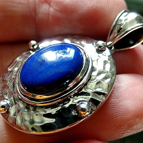 Arts & Crafts Style Hammered Sterling Silver and Lapis Lazuli Pendant Capricorn Birthstone 12.4g