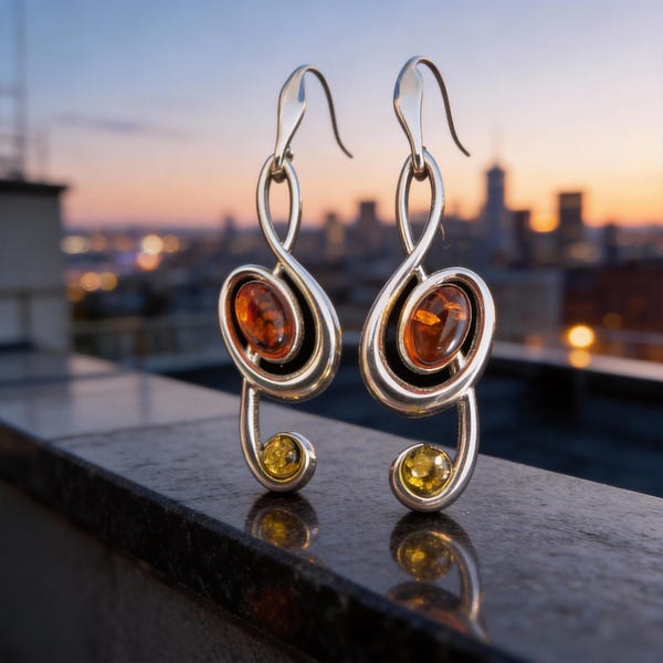 Musical Sterling Silver and Baltic Amber Treble Clef Stud Earrings Amber Taurus Birthstone Perfect for the Musician in your Life