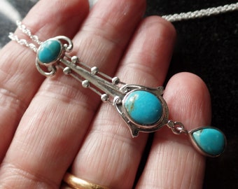Long Belle Epoch Style Sterling Silver and Turquoise Lavalier Necklace December Birthstone