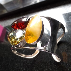Giant Modernist Sterling Silver and Mixed Baltic Amber Adjustable Cuff Bangle 43.0g