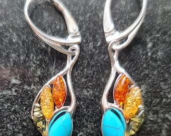 Sterling Silver Mixed Baltic Amber and Turquoise Earrings Taurus Birthstone Leverback Fitting