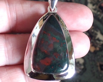 Sterling Silver and Natural Bloodstone Heliotrope Pendant March Aries Birthstone 13.5g