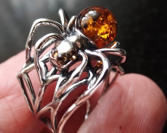 Adjustable Gothic Sterling Silver and Baltic Amber Spider Ring one size fits all