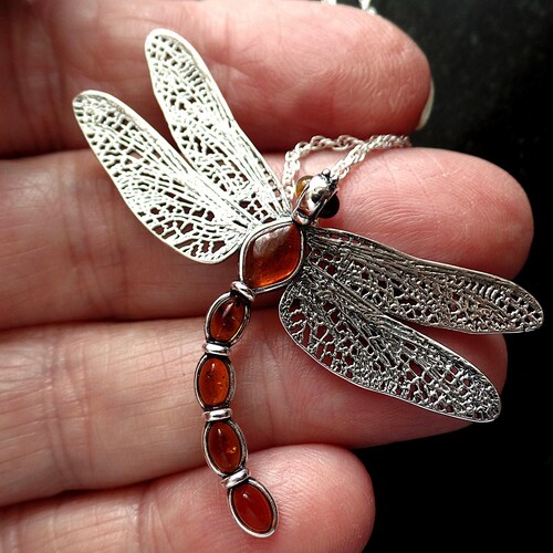 Statement Piece Sterling Silver and Baltic Amber Dragonfly Pendant or Necklace
