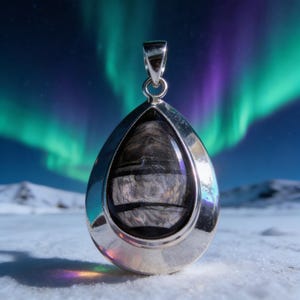 May include: A silver pendant in a teardrop shape, featuring a dark, patterned stone. The backdrop shows a snowy scene with the aurora borealis in green, purple, and blue hues. The pendant is designed to be worn.