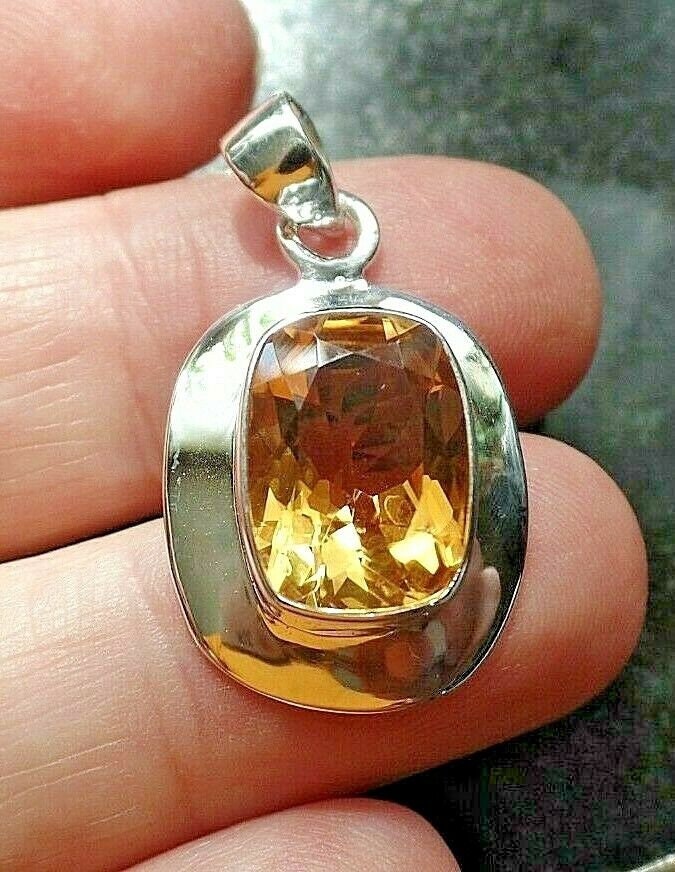 Pendentif Ancien En Argent Massif 925 - Énorme Citrine Naturelle - Très Ouvragé