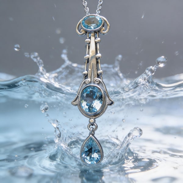 Belle Epoch Style Sterling Silver and Blue Topaz Levalier Necklace December Birthstone