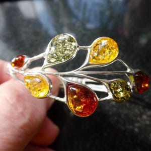 Bouquet Themed Sterling Silver and Mixed Baltic Amber Bangle 14.0g