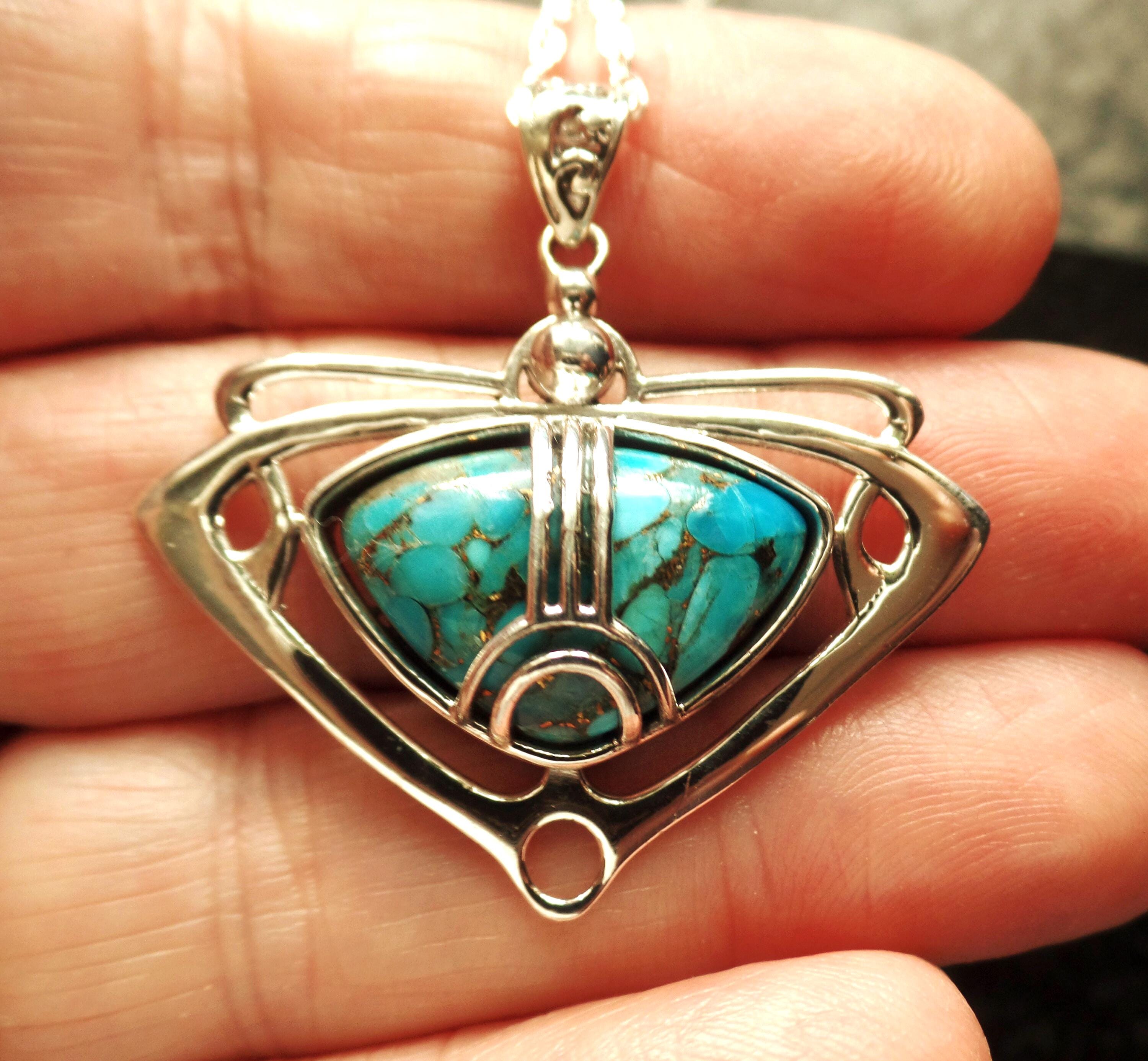 Stunning Arts and Crafts Style Sterling Silver and Copper Turquoise Pendant or Necklace December Birthstone