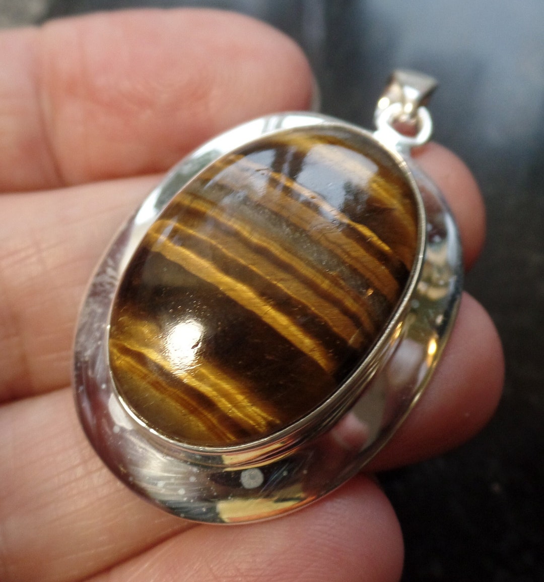 Pendentif En Argent 925 Avec Pierre œil De Tigre - Fait Main - 2 Pouces - Neuf