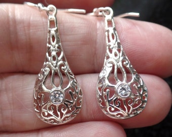 Superb Hand Made Filigree Sterling Silver and Icy CZ Dangley Drop Earrings