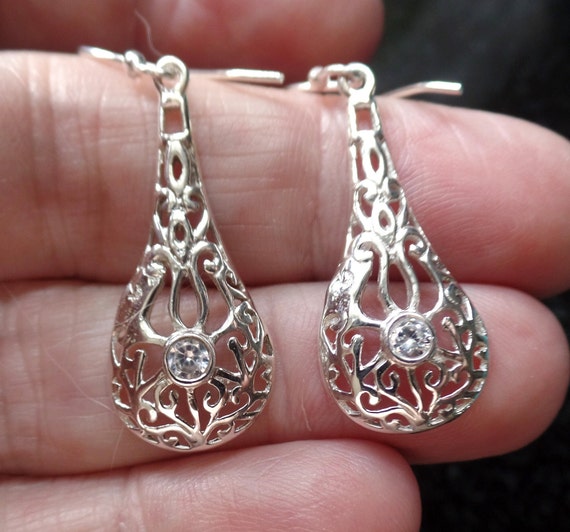 Sterling Silver Filigree CZ and Turquoise Teardrop Dangle Earrings Sterling Silver Filigree CZ and Turquoise Teardrop Dangle Earrings