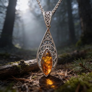 May include: Silver pendant necklace with a teardrop-shaped amber stone. The pendant features intricate filigree detailing around the amber. The necklace is displayed on a forest floor with sunlight filtering through the trees.