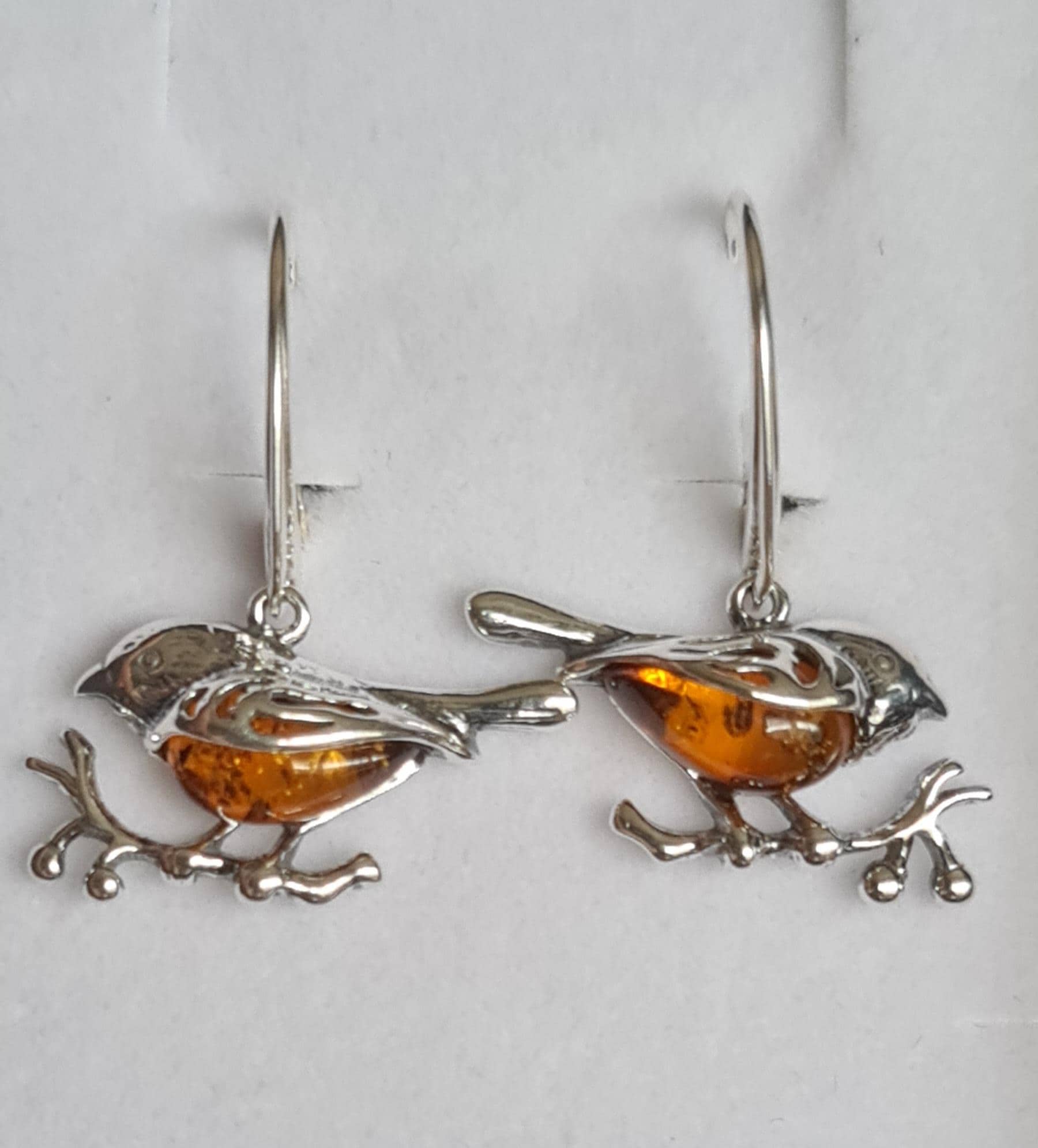 Sterling Silver and Amber Robin Earrings Taurus Birthstone