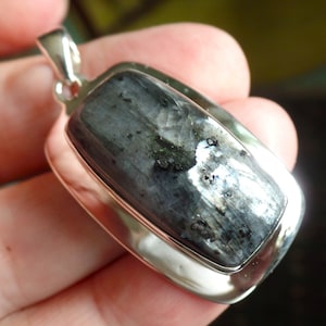 Sterling Silver and Larvikite Pendant 13.0g Black Moonstone Aquarius Minor Blue Feldspar Flash Inclusions