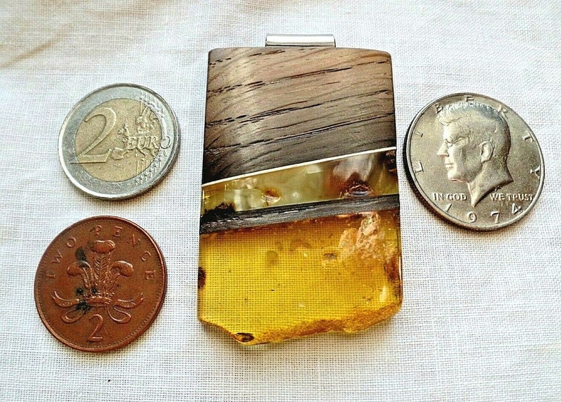 Huge and Stylish Baltic Cognac Amber and Wood with Sterling Silver Pendant 15.2g Natural Taurus Birthstone