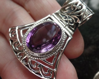 Gorgeous Pierced Sterling Silver and Amethyst Hinged Pendant February Birthstone 14.4g Stepped Cut