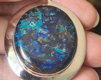 Chunky Sterling Silver and Azurite in Malachite Pendant 20.8g FLAW