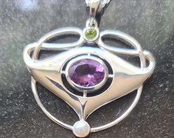 Art Nouveau Suffragette Style Large Sterling Silver Amethyst Peridot And Pearl Necklace