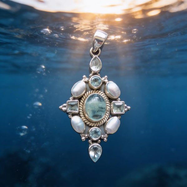 Stunning Sterling Silver Aquamarine Natural Blue Topaz And Freshwater Pearl Pendant March Birthstone