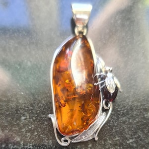 May include: A pendant with a large, polished amber stone set in silver-coloured metal. The amber has a warm, golden-brown hue with inclusions. A detailed insect charm is attached to the side of the amber.