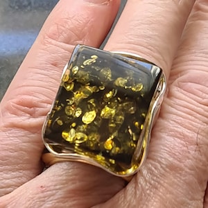 Adjustable Chunky Sterling Silver and Baltic Green Amber Statement Ring  13.7g one size fits all