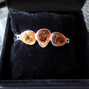Sterling Silver and Three Stone Baltic Cognac Bangle 13.2g