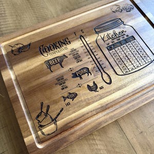 May include: Wooden cutting board with engraved cooking temperature and conversion chart. Includes illustrations of a cow, pig, chicken, and fish, with temperature ranges in Fahrenheit. Features a jar-shaped conversion chart.