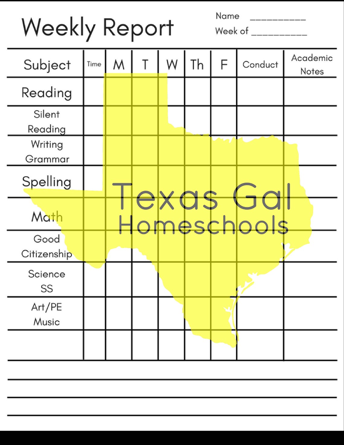 Weekly Homeschool Subject Chart Checklist Academic Homeschool Record ...