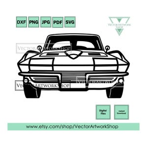 Corvette C2 Stingray 1963-1967, american muscle car vector, tshirt stickers, silhouette front view, plasma cricut cutter plotter engraving