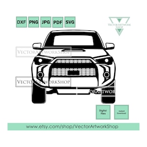 Może przedstawiać: Czarno-biała sylwetka SUV-a widzianego z przodu. Pojazd ma dużą kratkę i reflektory. Obraz jest pobierany cyfrowo.