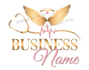 nurse angel wings logo, scrubs logo, stethoscope logo gold pink, heart beat logo,  nurse hat angel logo,  health logo nurse angel wings