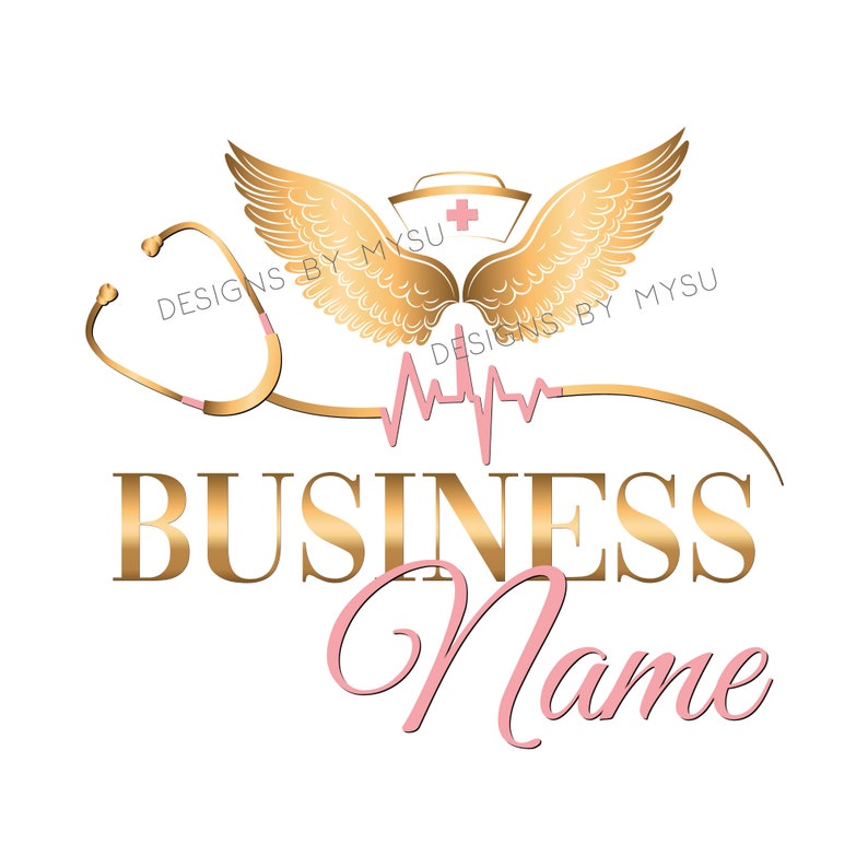Nurse Angel Wings Logo, Scrubs Logo, Stethoscope Logo Gold Pink, Heart Beat Logo, Nurse Hat