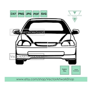 May include: Black and white line art illustration of a car, front view. The car has a rounded front bumper and headlights. The image is suitable for use as a digital download for crafting projects.