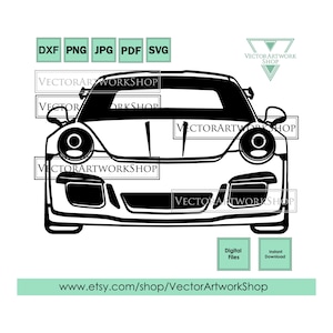 May include: A monochrome vector graphic of a sports car. The image features the text "DXF PNG JPG PDF SVG", "Digital Files", "Instant Download", and "www.etsy.com/shop/VectorArtworkShop". The image also includes the text "VECTORARTWORKSHOP".