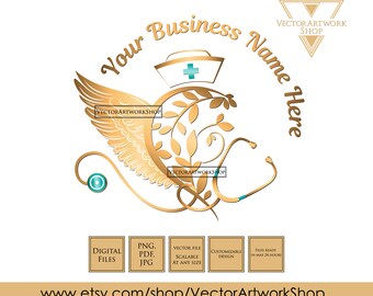 nurse angel wings logo, scrubs logo, nurse hat heart angel wings logo gold teal, nurse hat angel logo, health logo nurse angel wings floral