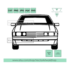 May include: Black and white silhouette of a car, front view. The car has a rectangular grille and headlights. The image is a digital download.