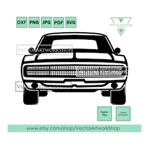 May include: Black and white silhouette of a classic muscle car, front view, with a detailed grille and headlights. The car is isolated on a white background.