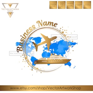 Logo di viaggio, logo di crociera di aerei e navi, logo di agente di viaggio, logo di agenzia di viaggio, design del logo azzurro cielo e oro, logo rotondo vacanza viaggio estate oceano