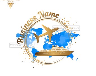 Travel Logo, plane ship cruise logo, travel agent logo, travel agency logo, sky blue gold logo design, round logo vacay trip summer ocean