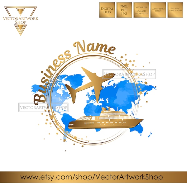 Travel Logo, plane ship cruise logo, travel agent logo, travel agency logo, sky blue gold logo design, round logo vacay trip summer ocean