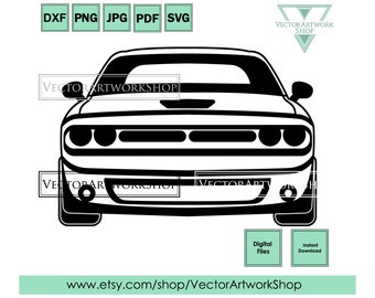 May include: Black and white silhouette of a Dodge Challenger car front view. The car has a large grille and round headlights. The image is a digital download.