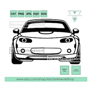 May include: Black and white line art illustration of a front view of a car. The car has a rounded front end with a large grill and headlights. The car is facing the viewer.