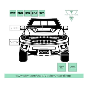 May include: Black and white silhouette of a pickup truck, front view, with a large grille and headlights. The truck is isolated on a white background.
