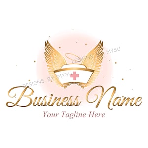 nurse angel wings logo, scrubs logo, nurse hat with angel wings logo gold pink, nurse hat angel logo,  health logo nurse angel wings